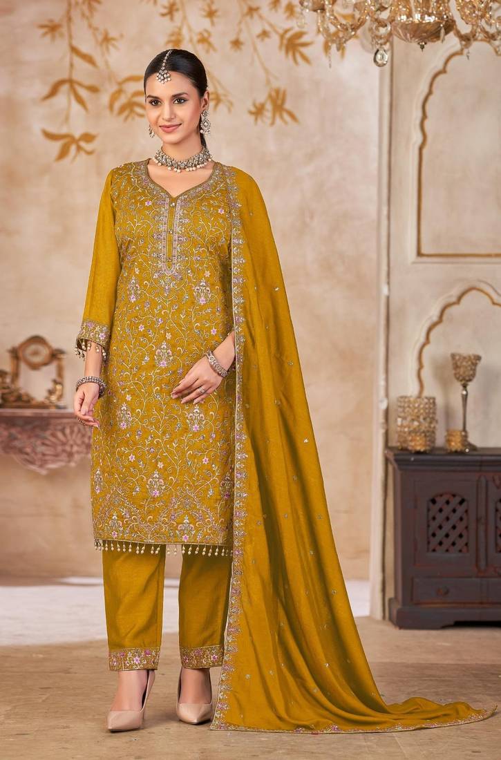 Mustard vichitra silk readymade suit with embroidery & lace work
