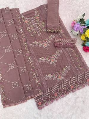Peach fox georgette semi stiutched suit with embroidery sequenc & khatli  2