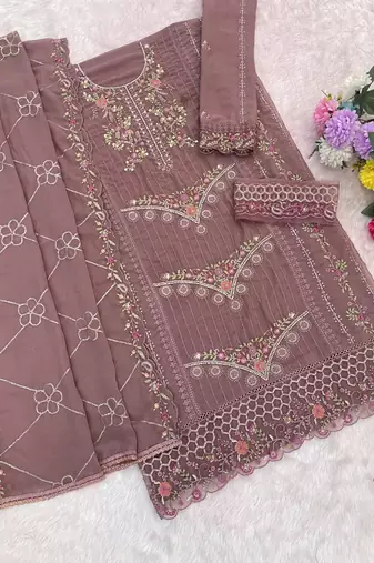 Peach fox georgette semi stiutched suit with embroidery sequenc & khatli 