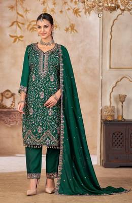 Green vichitra silk readymade suit with embroidered lace  1