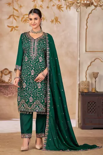Green vichitra silk readymade suit with embroidered lace 