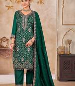 Green vichitra silk readymade suit with embroidery & lace work