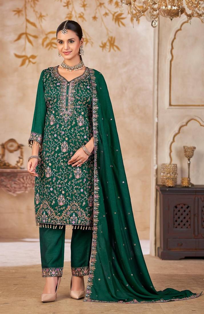 Green vichitra silk readymade suit with embroidery & lace work