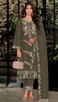 Mehendi fox georgette semi stiutched suit with embroidery sequenc & khatli  1