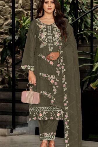 Mehendi fox georgette semi stiutched suit with embroidery sequenc & khatli work