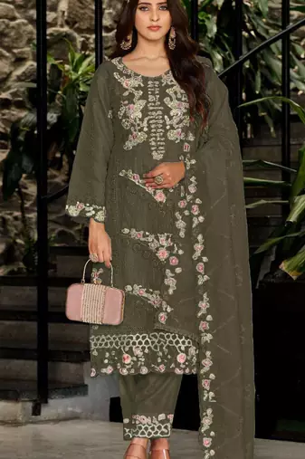 Mehendi fox georgette semi stiutched suit with embroidery sequenc & khatli work