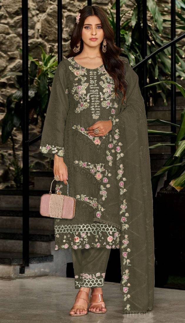 Mehendi fox georgette semi stiutched suit with embroidery sequenc & khatli work