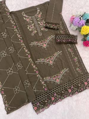 Mehendi fox georgette semi stiutched suit with embroidery sequenc & khatli  2