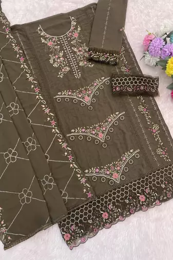 Mehendi fox georgette semi stiutched suit with embroidery sequenc & khatli 