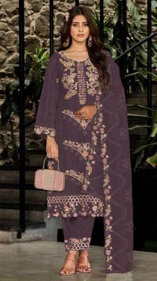 Purple fox georgette semi stiutched suit with embroidery sequenc & khatli  1