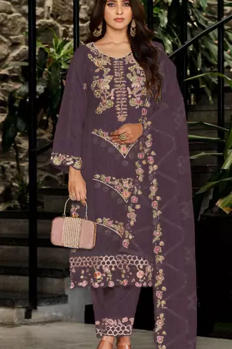 Purple fox georgette semi stiutched suit with embroidery sequenc & khatli work