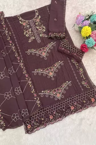 Purple fox georgette semi stiutched suit with embroidery sequenc & khatli 