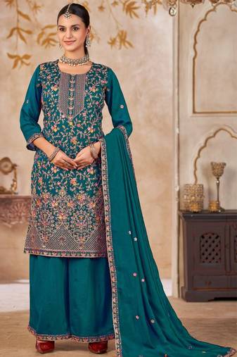 Blue vichitra silk readymade plazzo suit with embroidery & lace work