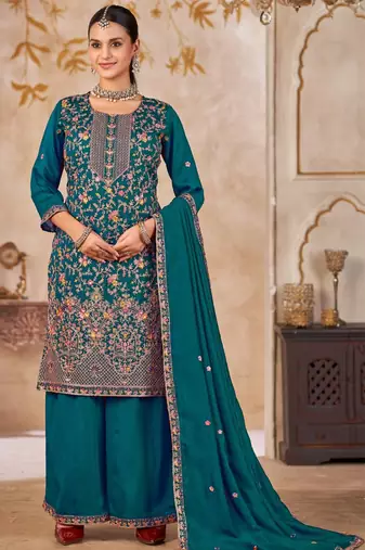 Blue vichitra silk readymade plazzo suit with embroidered lace 