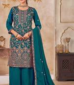 Blue vichitra silk readymade plazzo suit with embroidery & lace work