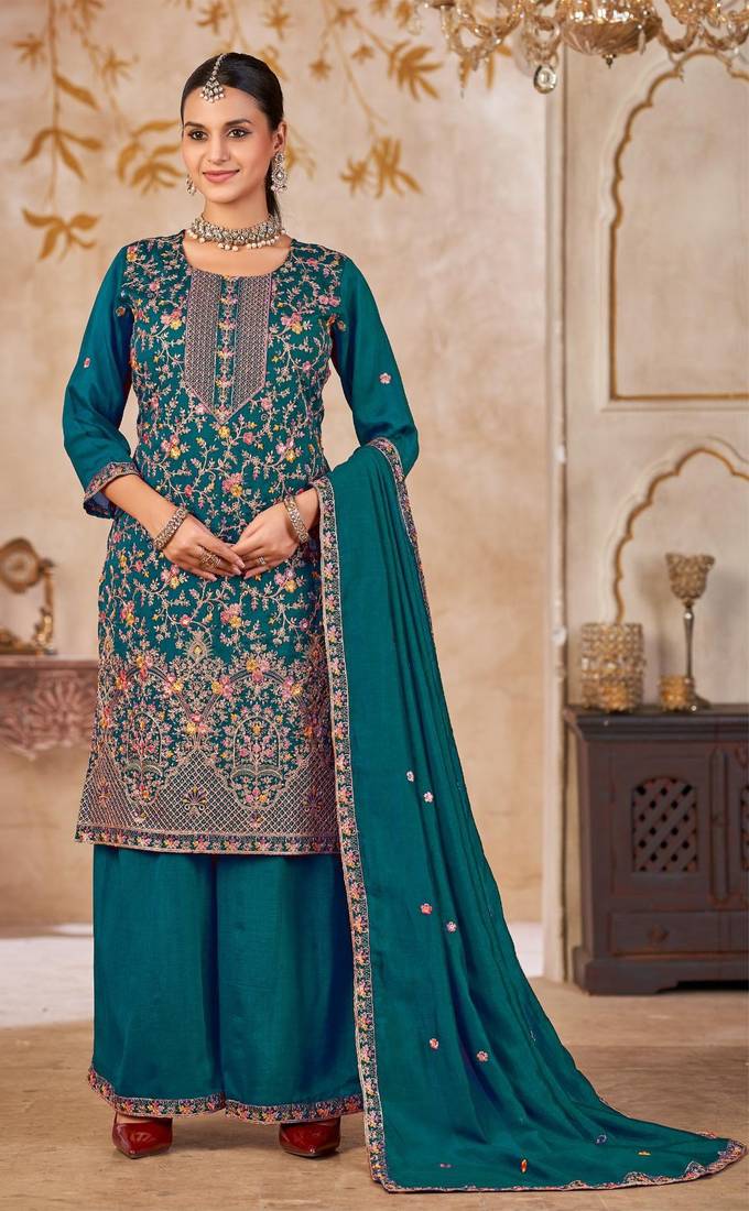 Blue vichitra silk readymade plazzo suit with embroidery & lace work