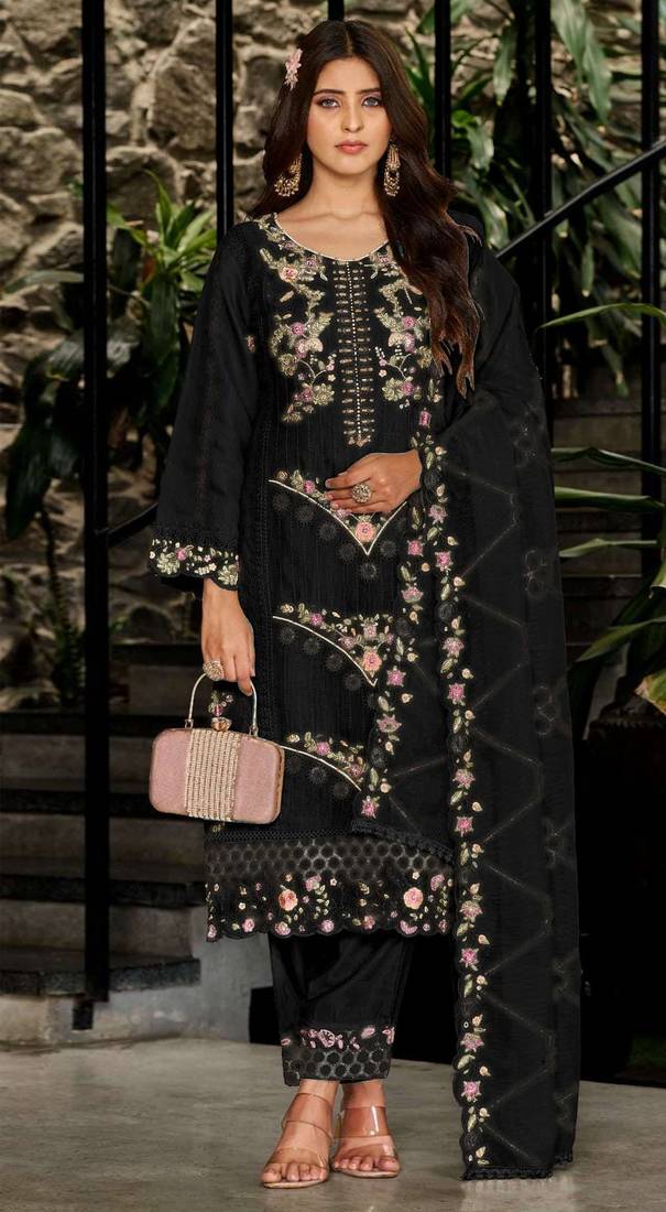 Black fox georgette semi stiutched suit with embroidery sequenc & khatli work