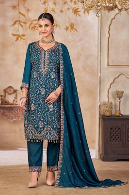 Blue vichitra silk readymade suit with embroidered lace  1