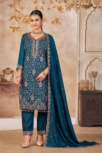 Blue vichitra silk readymade suit with embroidery & lace work