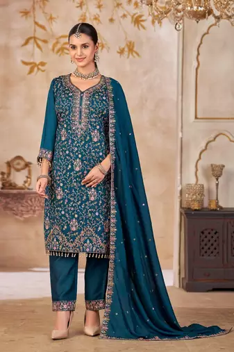 Blue vichitra silk readymade suit with embroidered lace 