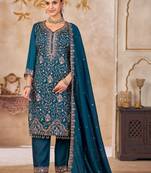 Blue vichitra silk readymade suit with embroidery & lace work