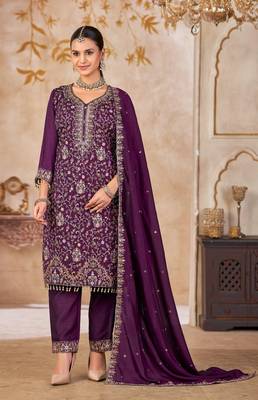 Purple vichitra silk readymade suit with embroidered lace  1