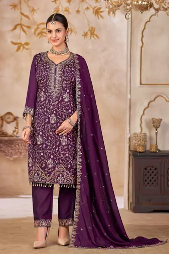 Purple vichitra silk readymade suit with embroidered lace 