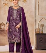 Purple vichitra silk readymade suit with embroidery & lace work