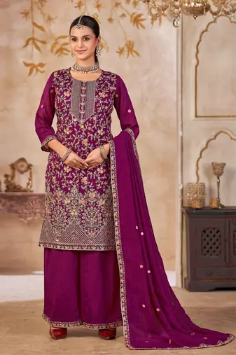 Purple vichitra silk readymade plazzo suit with embroidered lace 