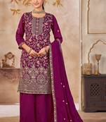 Purple vichitra silk readymade plazzo suit with embroidery & lace work