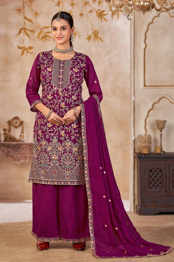 Purple vichitra silk readymade plazzo suit with embroidery & lace work