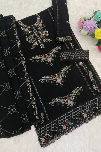 Black fox georgette semi stiutched suit with embroidery sequenc & khatli 