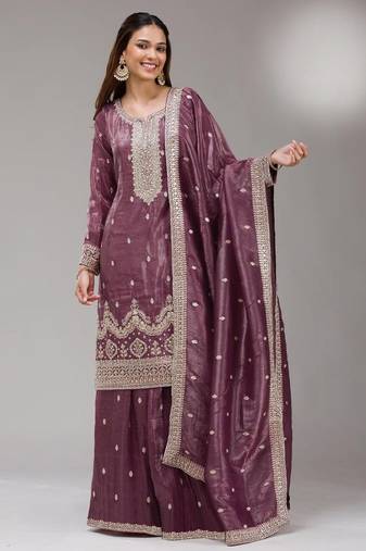 Purple gold crush semi stitched suit with embroidery & sequence work