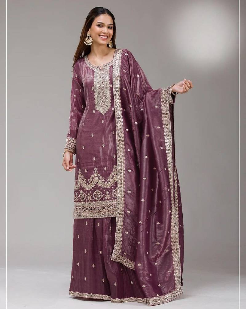 Purple gold crush semi stitched suit with embroidery & sequence work
