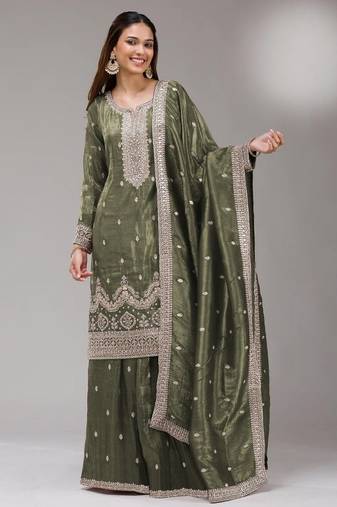 Green gold crush semi stitched suit with embroidery & sequence work