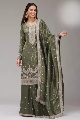 Green gold crush semi stitched suit with embroidery & sequence work