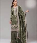 Green gold crush semi stitched suit with embroidery & sequence work