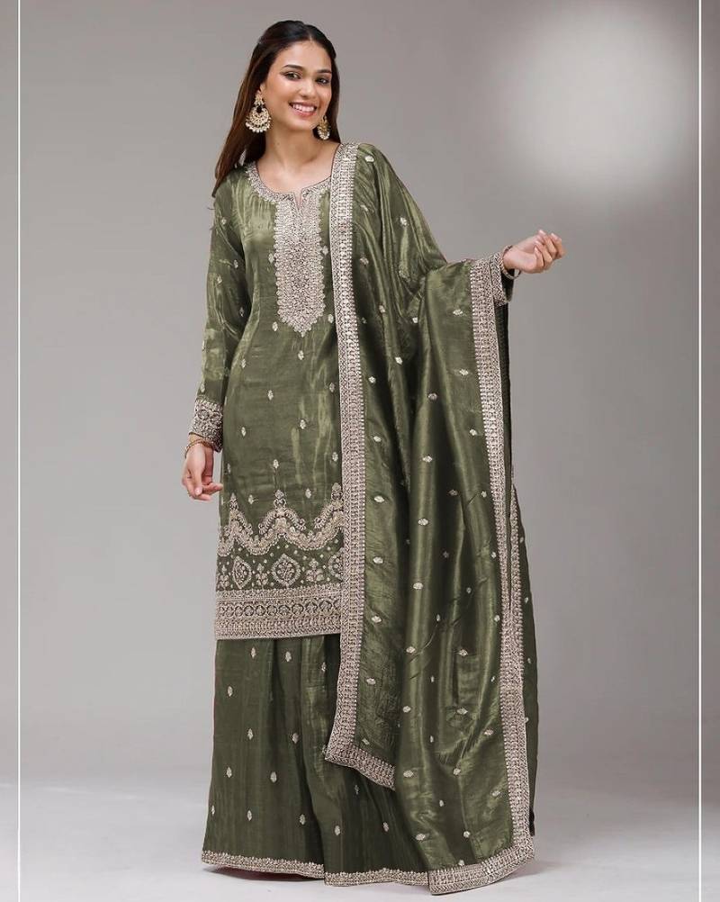 Green gold crush semi stitched suit with embroidery & sequence work