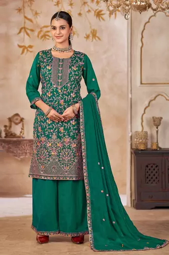 Emerald vichitra silk readymade plazzo suit with embroidered lace 