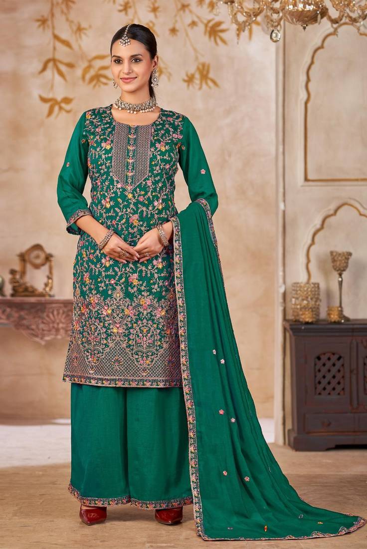 Emerald vichitra silk readymade plazzo suit with embroidery & lace work