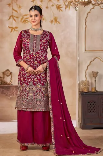 Maroon vichitra silk readymade plazzo suit with embroidered lace 