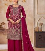 Maroon vichitra silk readymade plazzo suit with embroidery & lace work