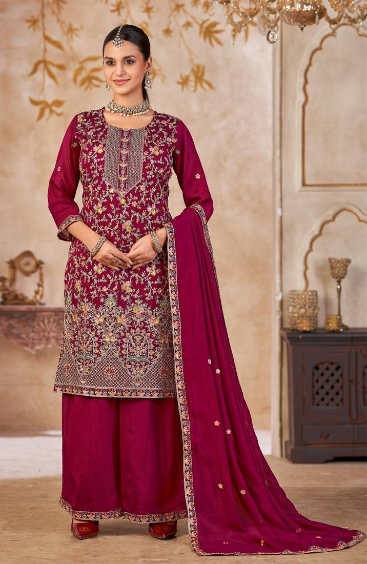 Maroon vichitra silk readymade plazzo suit with embroidery & lace work