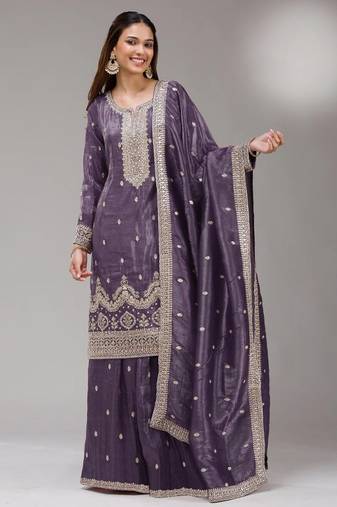 D lavender gold crush semi stitched suit with embroidery & sequence work