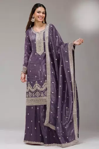 D lavender gold crush semi stitched suit with embroidery & sequence work