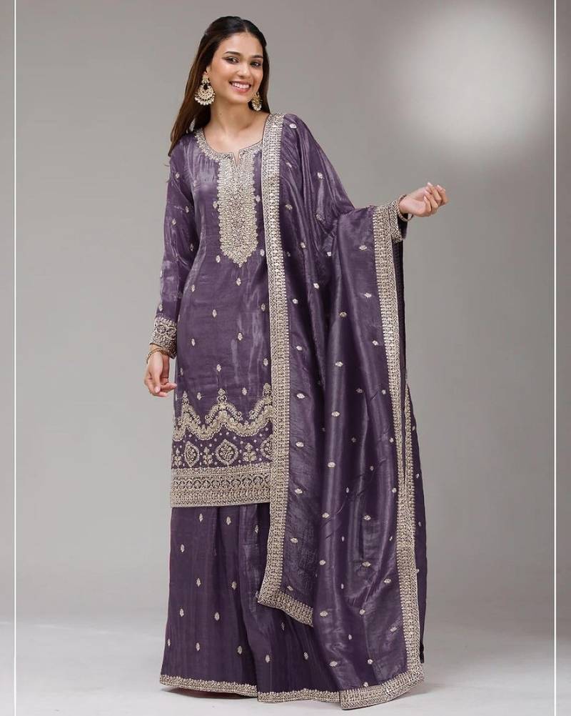 D lavender gold crush semi stitched suit with embroidery & sequence work