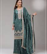 Blue gold crush semi stitched suit with embroidery & sequence work