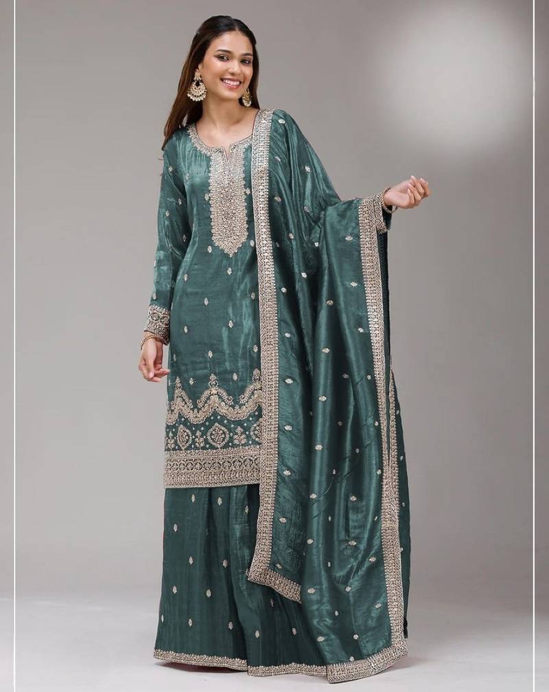 Blue gold crush semi stitched suit with embroidery & sequence work