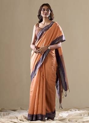 Orange handloom cotton casual wear saree 1