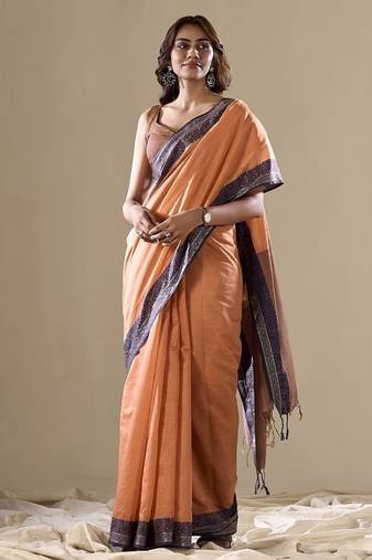 Orange handloom cotton casual wear saree
